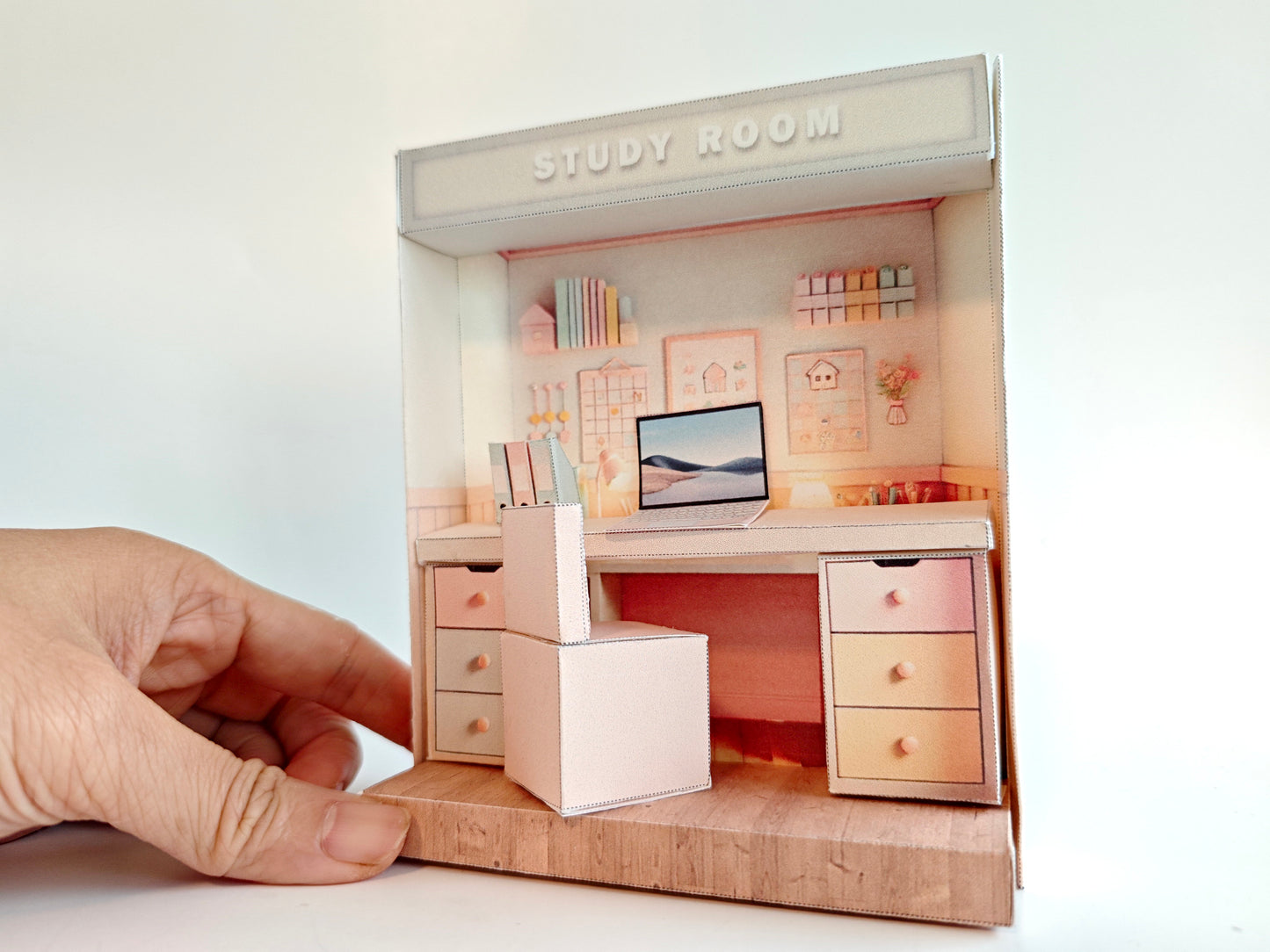 Pick Scene Pink Study Room -cute room, bedroom folder, labtop, table, affordable doll house miniature kit, PickScene Apartment