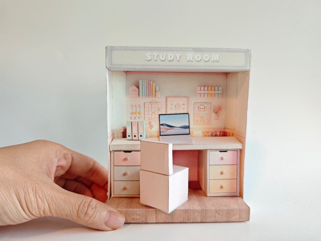  Pink Study Room- cute room, washroom, folder, laptop, table, affordable doll house miniature kit, PickScene Apartment