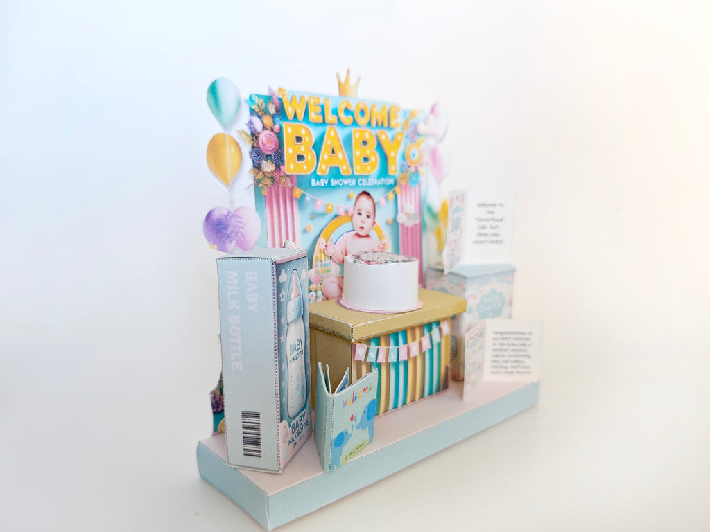  Perfect for celebrating the arrival of a little one, this printable template brings creative 3D design to life in the form of a charming baby shower-themed miniature 3D stand. 