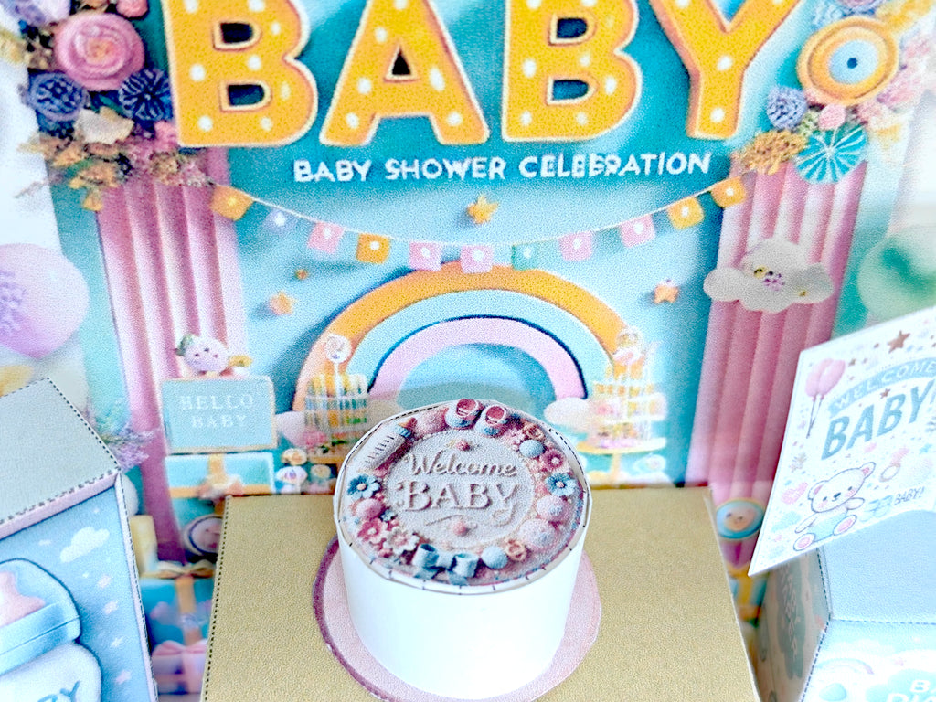  Perfect for celebrating the arrival of a little one, this printable template brings creative 3D design to life in the form of a charming baby shower-themed miniature 3D stand. 