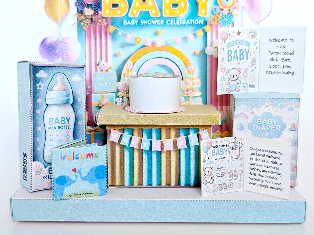  Perfect for celebrating the arrival of a little one, this printable template brings creative 3D design to life in the form of a charming baby shower-themed miniature 3D stand. 