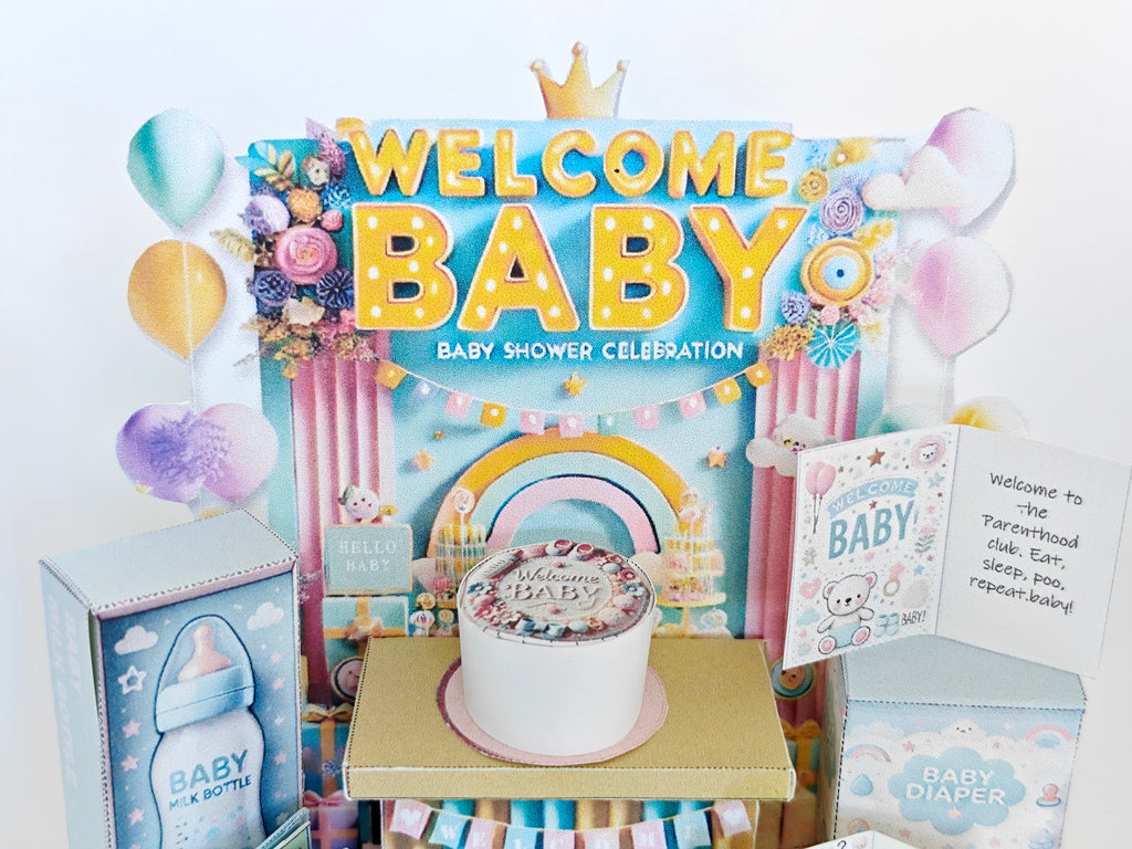  Perfect for celebrating the arrival of a little one, this printable template brings creative 3D design to life in the form of a charming baby shower-themed miniature 3D stand. 