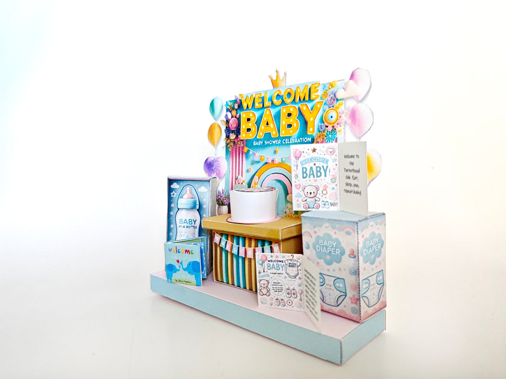  Perfect for celebrating the arrival of a little one, this printable template brings creative 3D design to life in the form of a charming baby shower-themed miniature 3D stand. 