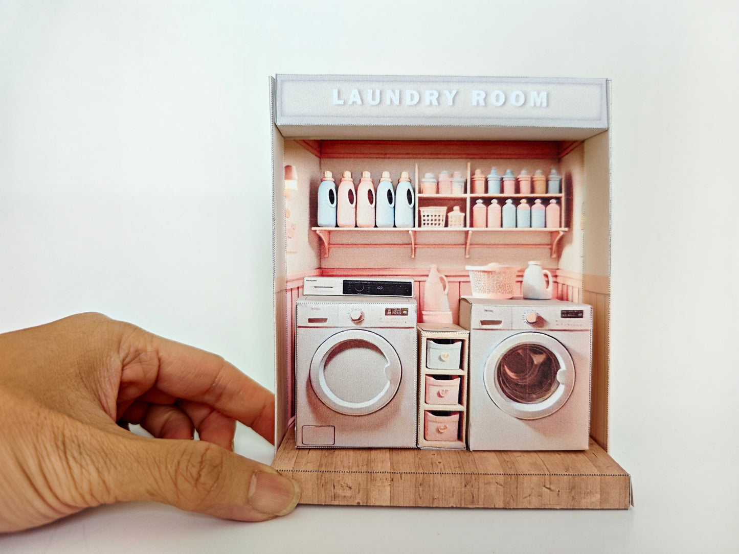 - Pick Scene Pink Laundry Room - pink room, laundry room, washing machine and dryer, affordable doll house miniature kit, PickScene Apartment