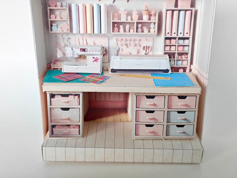 Pink crafting crafteing Room  pickscene apartment, pickscene room, sewing, paper craft, table, affordable doll house miniature kit