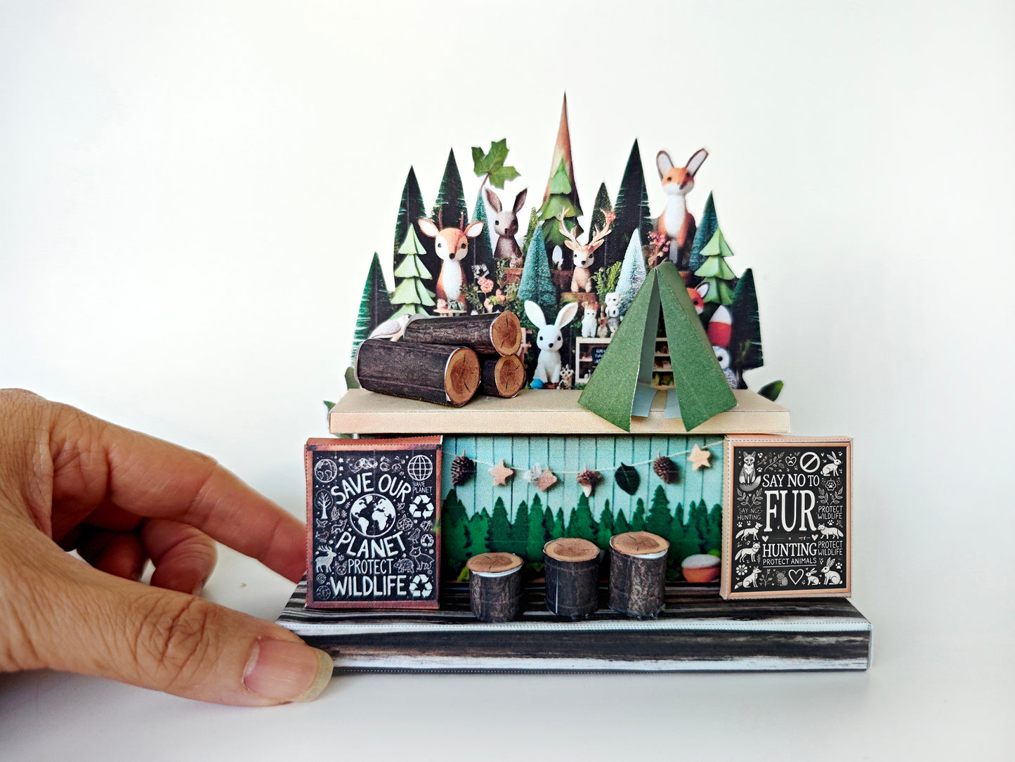 - Pick Scene Woodland - Natural forest, Animals, Tent, camping, Wood, Miniature Kit. children project, diorama