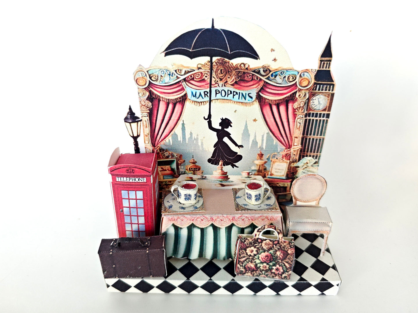 - Pick Scene Mary Poppins England Style stand - creative background, miniature kit, cute tea cup, leather bags, phone stand