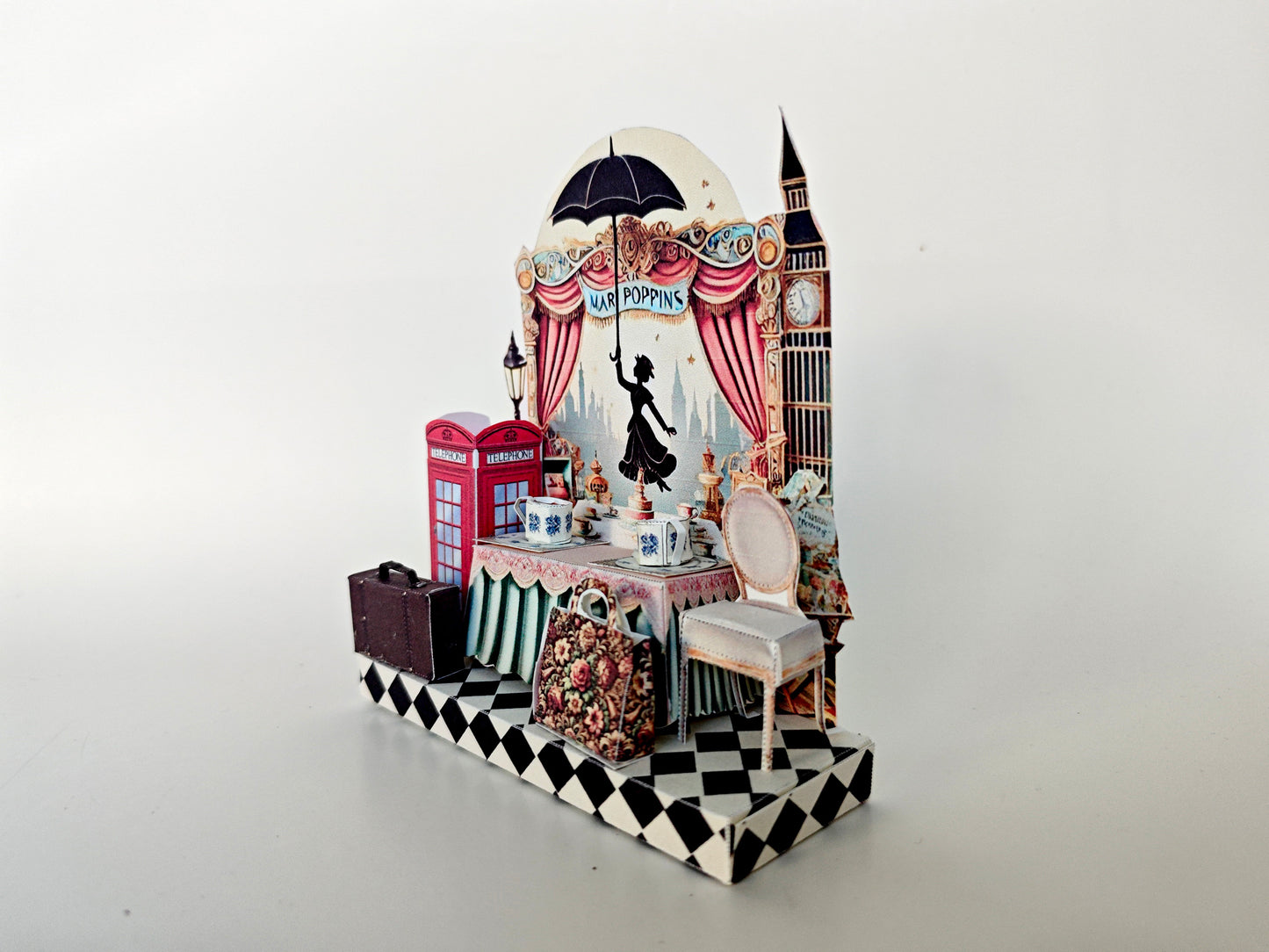 - Pick Scene Mary Poppins England Style stand - creative background, miniature kit, cute tea cup, leather bags, phone stand