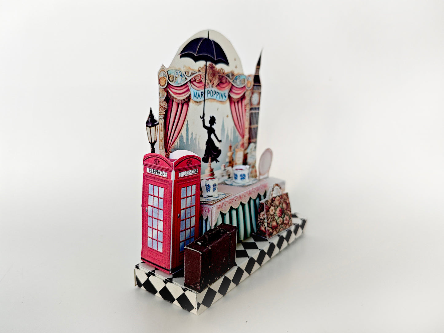 - Pick Scene Mary Poppins England Style stand - creative background, miniature kit, cute tea cup, leather bags, phone stand