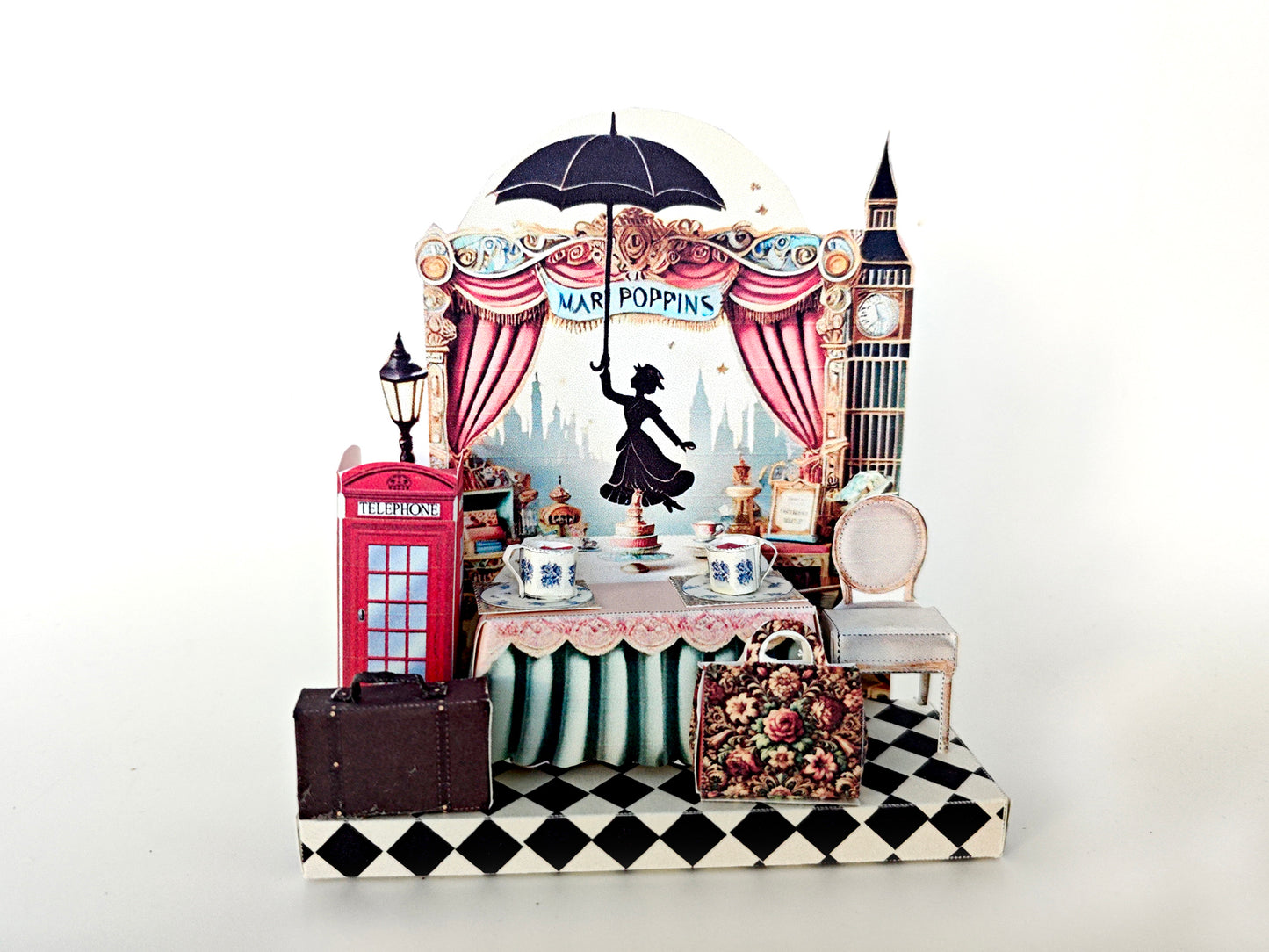 - Pick Scene Mary Poppins England Style stand - creative background, miniature kit, cute tea cup, leather bags, phone stand