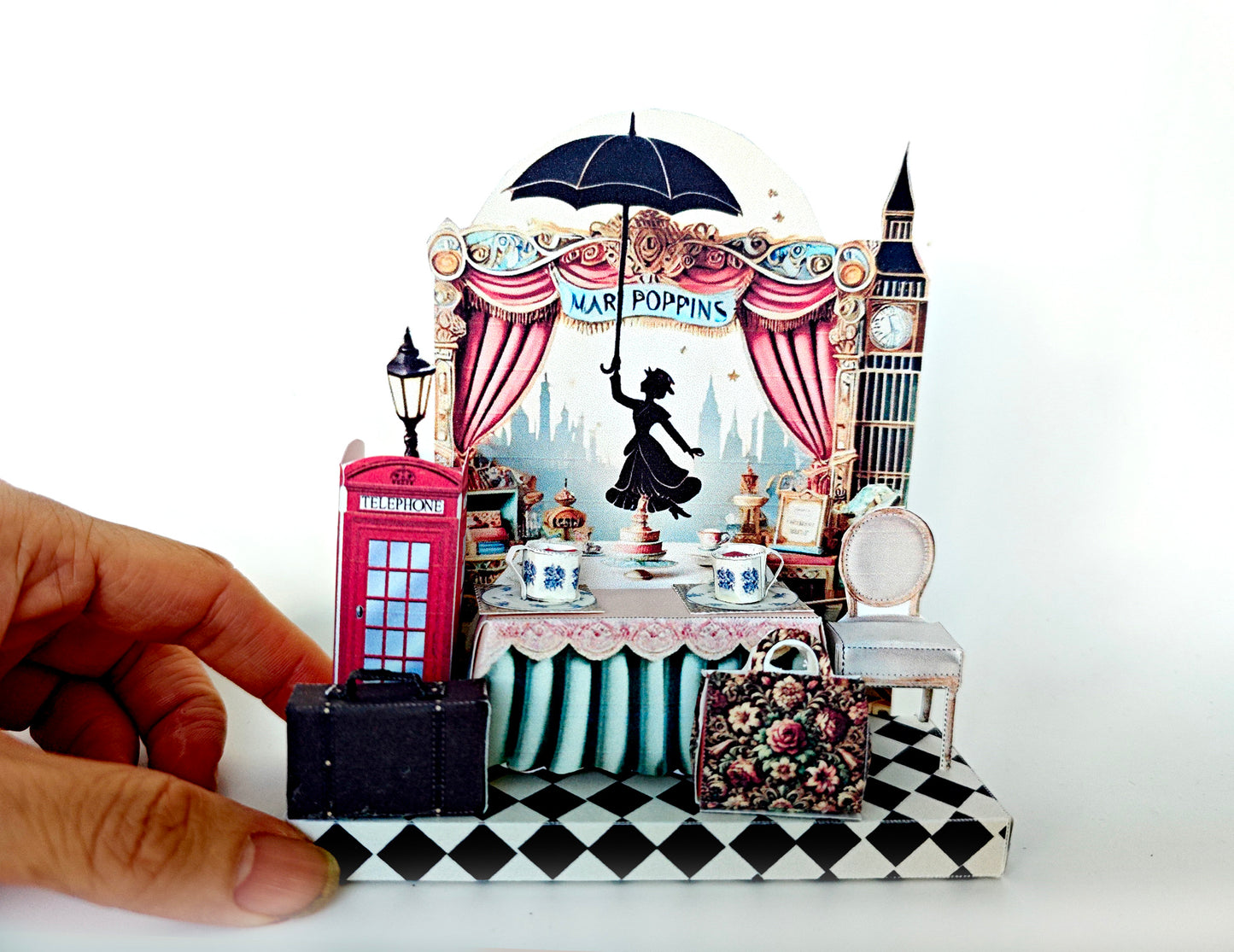 - Pick Scene Mary Poppins England Style stand - creative background, miniature kit, cute tea cup, leather bags, phone stand