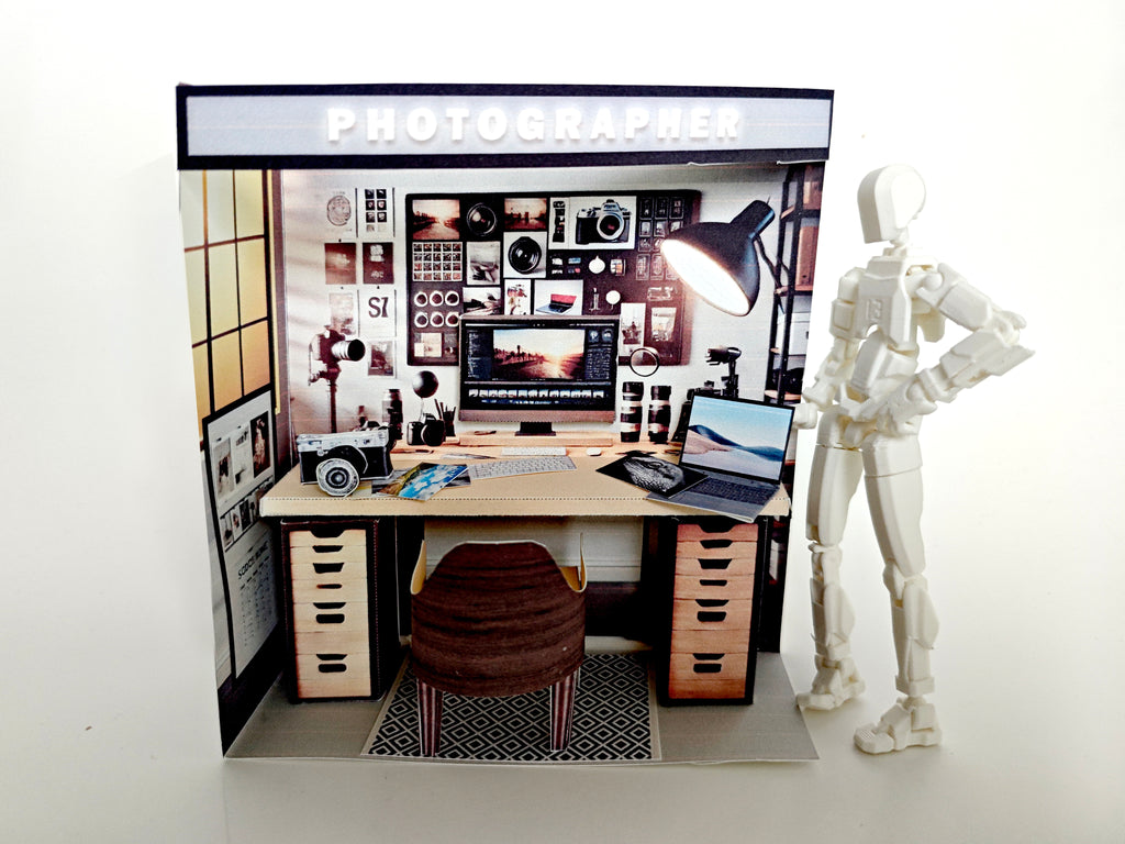 Pick Scene realistic 1:12 photographer working desk-  diorama room, dollhouse, doll scene, camera, photos, working desk
