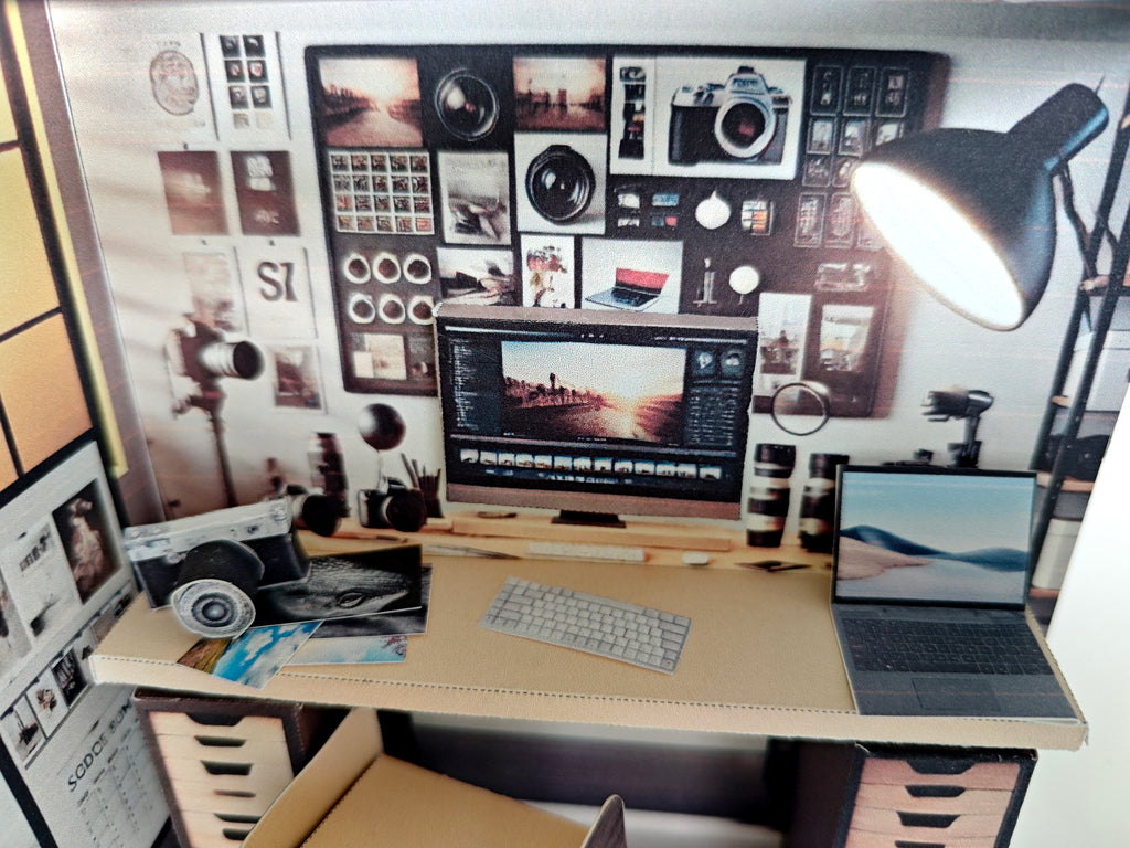 Pick Scene realistic 1:12 photographer working desk-  diorama room, dollhouse, doll scene, camera, photos, working desk