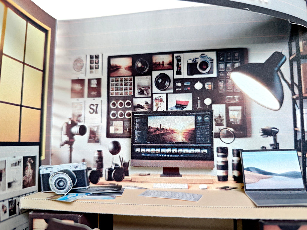Pick Scene realistic 1:12 photographer working desk-  diorama room, dollhouse, doll scene, camera, photos, working desk