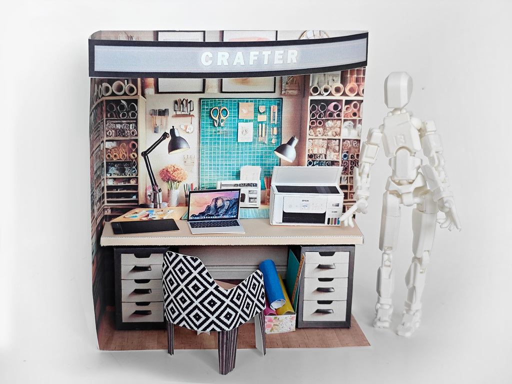 Pick Scene realistic 1:12 Crafter working desk, diorama room, dollhouse, doll scene, Drawing pad, laptop, printer, working desk, study room