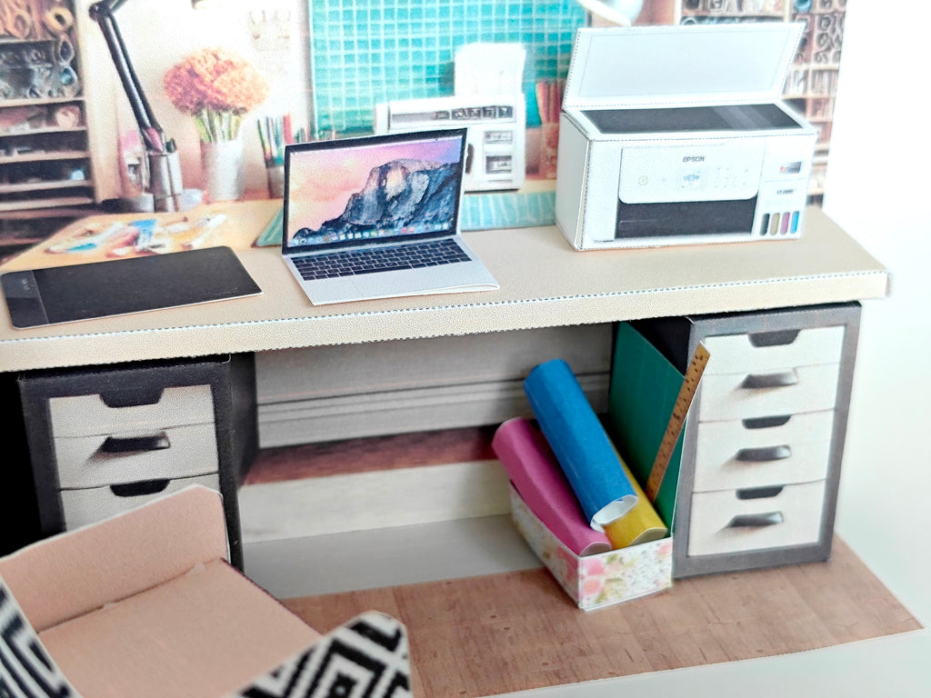 Pick Scene realistic 1:12 Crafter working desk, diorama room, dollhouse, doll scene, Drawing pad, laptop, printer, working desk, study room