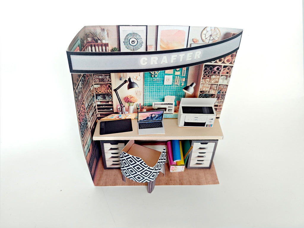 Pick Scene realistic 1:12 Crafter working desk, diorama room, dollhouse, doll scene, Drawing pad, laptop, printer, working desk, study room