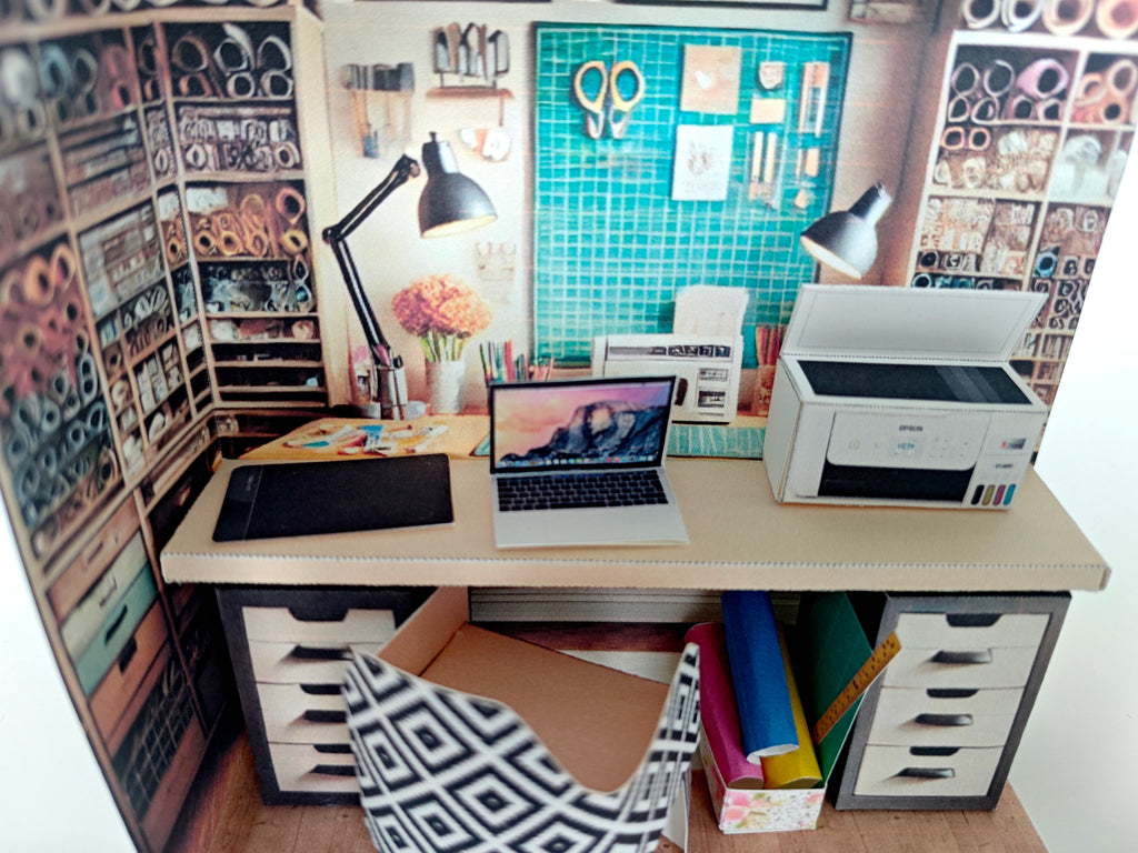 Pick Scene realistic 1:12 Crafter working desk, diorama room, dollhouse, doll scene, Drawing pad, laptop, printer, working desk, study room