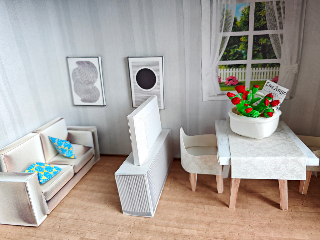 BMM Shoe Box , 1:12 , 4-5inch doll Living Room 10 in 1, Sink, Dining table and chair, TV and sofa, Dollhouse furniture, DIY, diorama