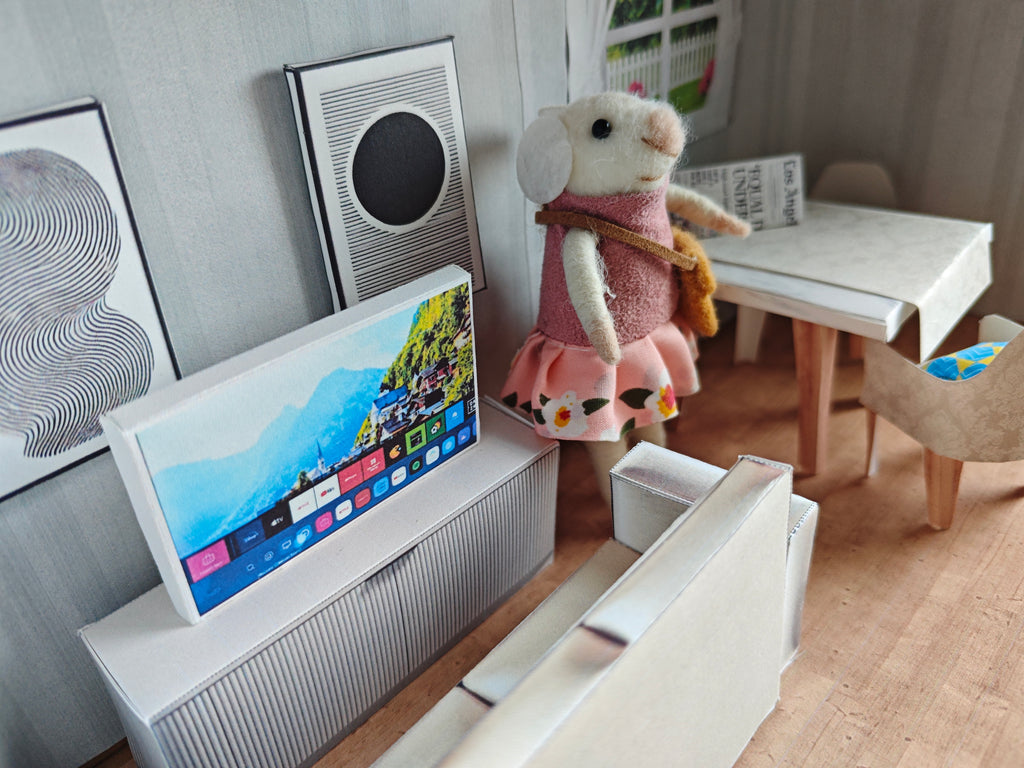 BMM Shoe Box , 1:12 , 4-5inch doll Living Room 10 in 1, Sink, Dining table and chair, TV and sofa, Dollhouse furniture, DIY, diorama