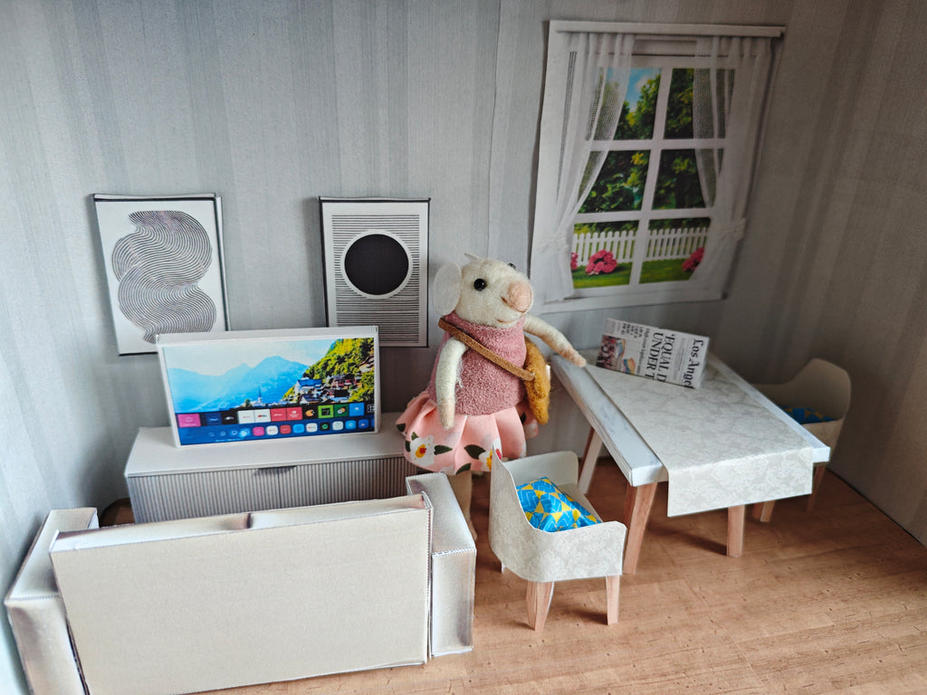 BMM Shoe Box , 1:12 , 4-5inch doll Living Room 10 in 1, Sink, Dining table and chair, TV and sofa, Dollhouse furniture, DIY, diorama