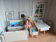 BMM Shoe Box , 1:12 , 4-5inch doll Living Room 10 in 1, Sink, Dining table and chair, TV and sofa, Dollhouse furniture, DIY, diorama