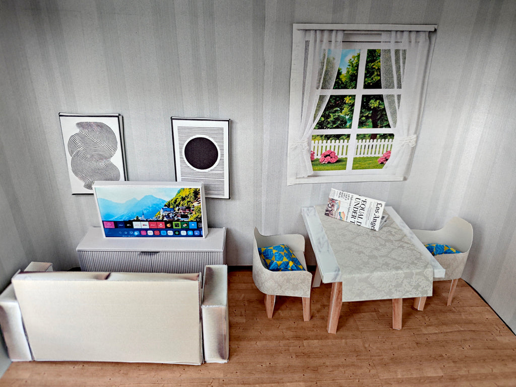 BMM Shoe Box , 1:12 , 4-5inch doll Living Room 10 in 1, Sink, Dining table and chair, TV and sofa, Dollhouse furniture, DIY, diorama