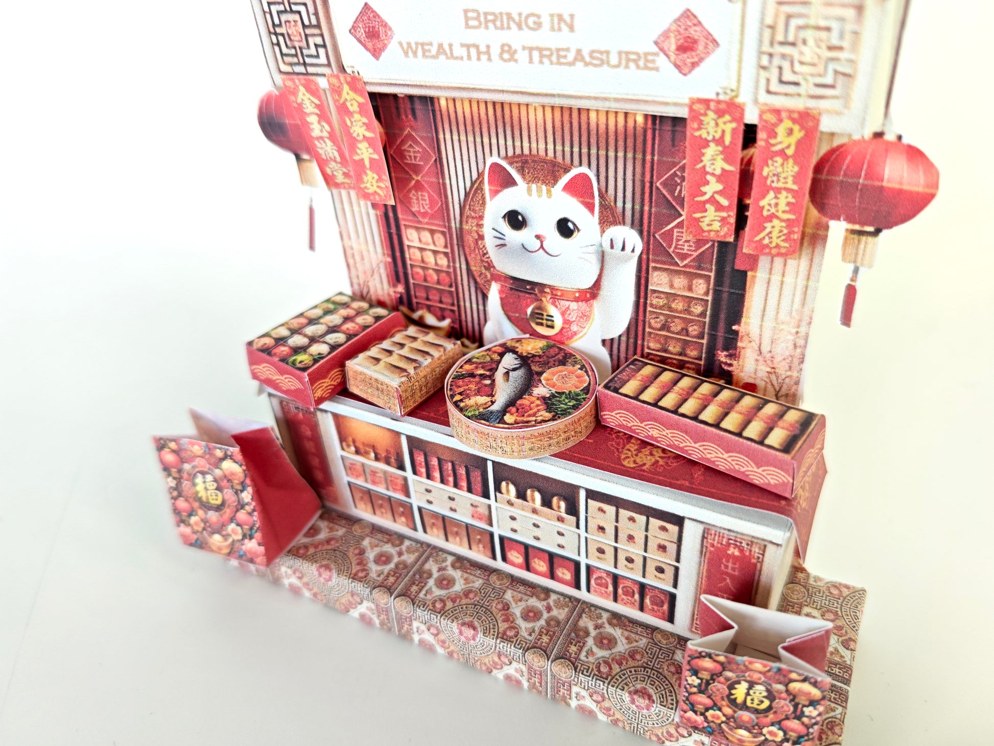 A 3D-printable STL file of a 1:12 scale Chinese New Year Lunar Fortune Cat stand DIY kit, featuring a detailed fortune cat on a stand for a dollhouse festive display

