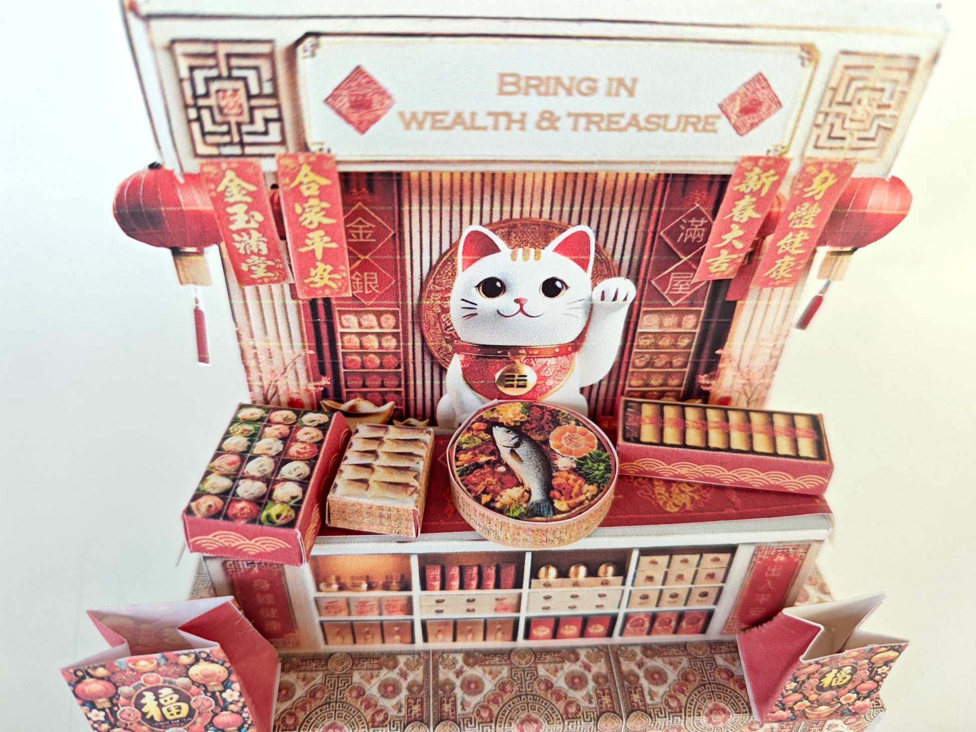 A 3D-printable STL file of a 1:12 scale Chinese New Year Lunar Fortune Cat stand DIY kit, featuring a detailed fortune cat on a stand for a dollhouse festive display


