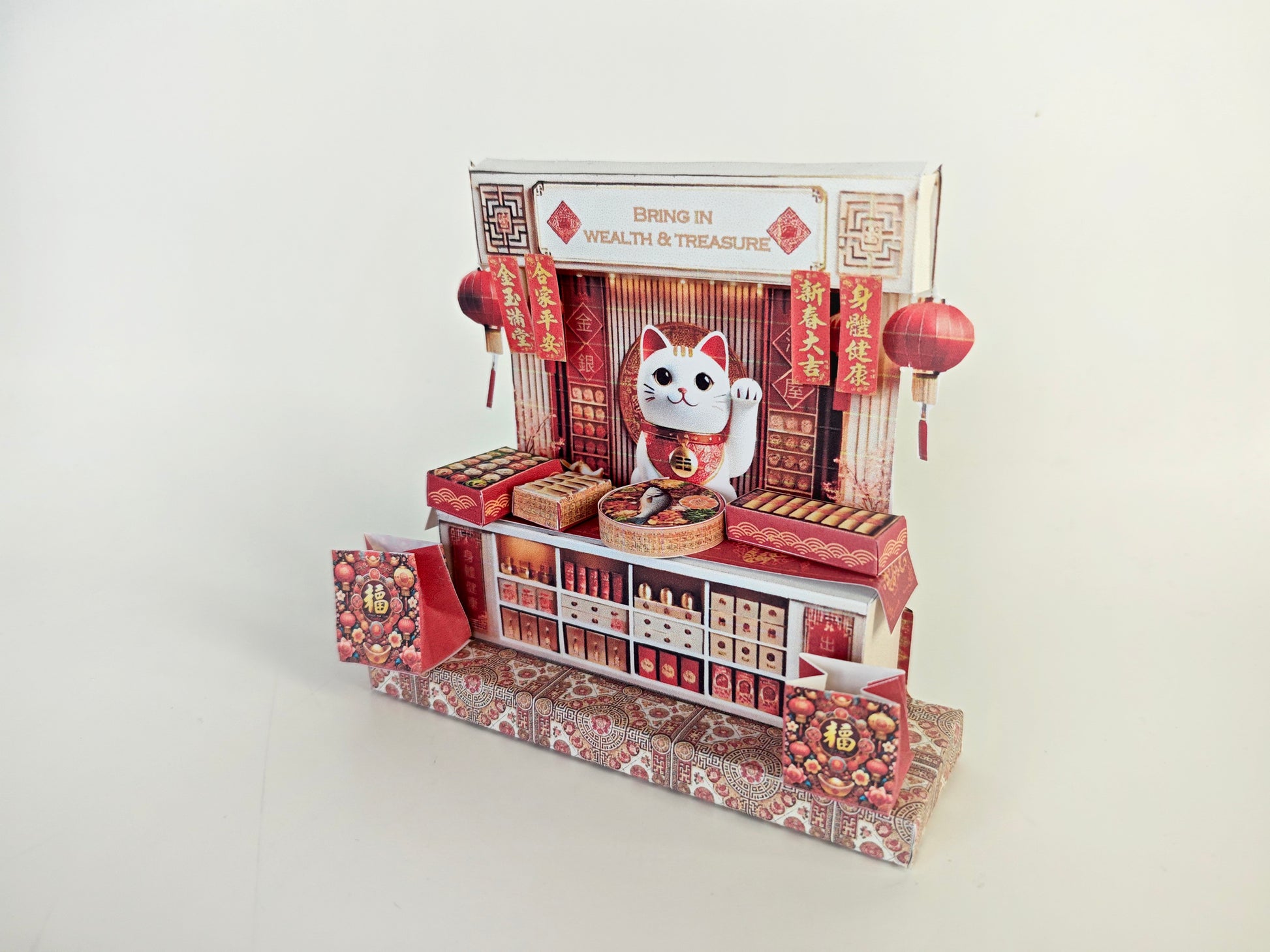 A 3D-printable STL file of a 1:12 scale Chinese New Year Lunar Fortune Cat stand DIY kit, featuring a detailed fortune cat on a stand for a dollhouse festive display

