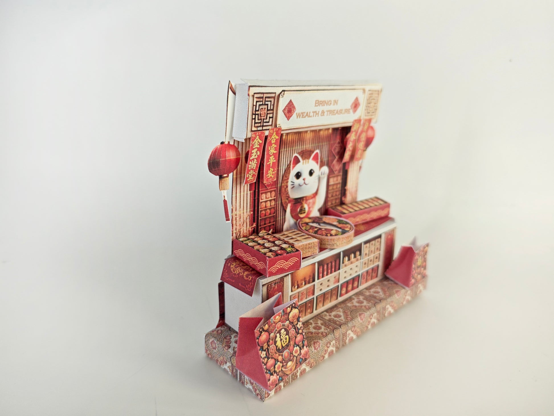 A 3D-printable STL file of a 1:12 scale Chinese New Year Lunar Fortune Cat stand DIY kit, featuring a detailed fortune cat on a stand for a dollhouse festive display

