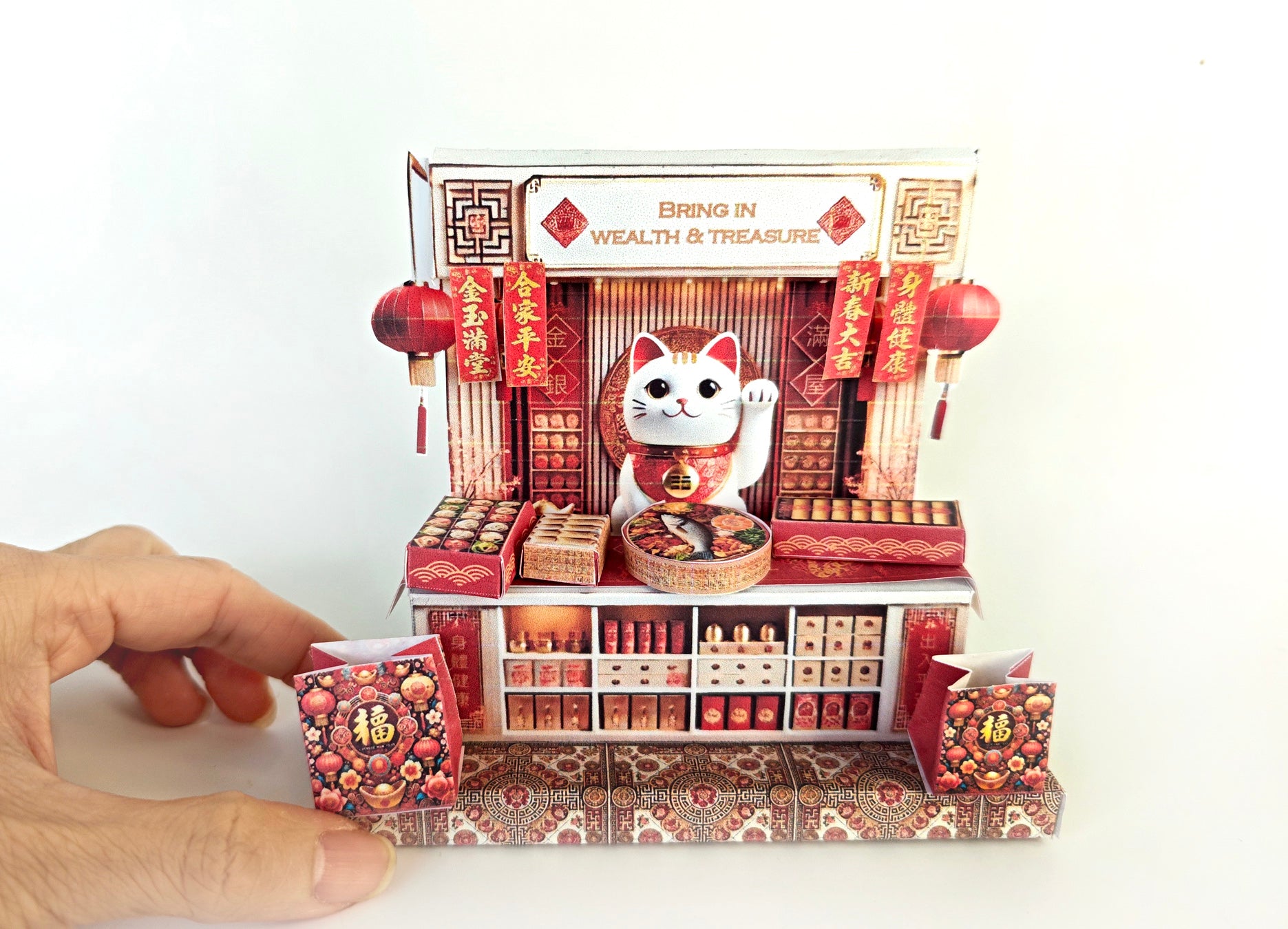 A 3D-printable STL file of a 1:12 scale Chinese New Year Lunar Fortune Cat stand DIY kit, featuring a detailed fortune cat on a stand for a dollhouse festive display

