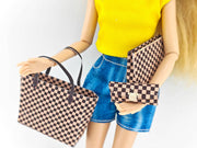 1:6 Luxury brown checker board pattern tote, purse and scarf for dollhouse and department store, 4 styles, luxury house decorations