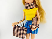 1:6 Luxury brown checker board pattern tote, purse and scarf for dollhouse and department store, 4 styles, luxury house decorations