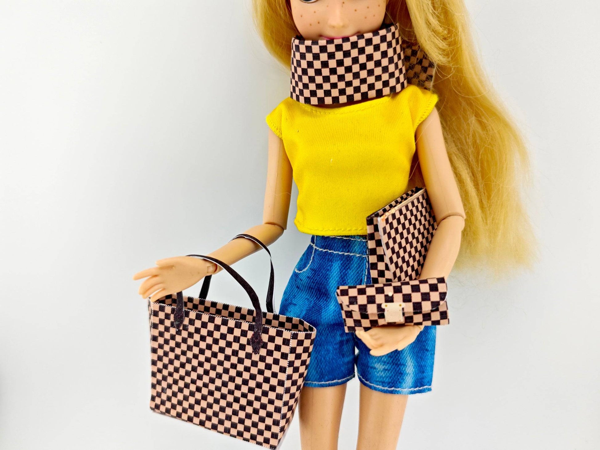 1:6 Luxury brown checker board pattern tote, purse and scarf for dollhouse and department store, 4 styles, luxury house decorations