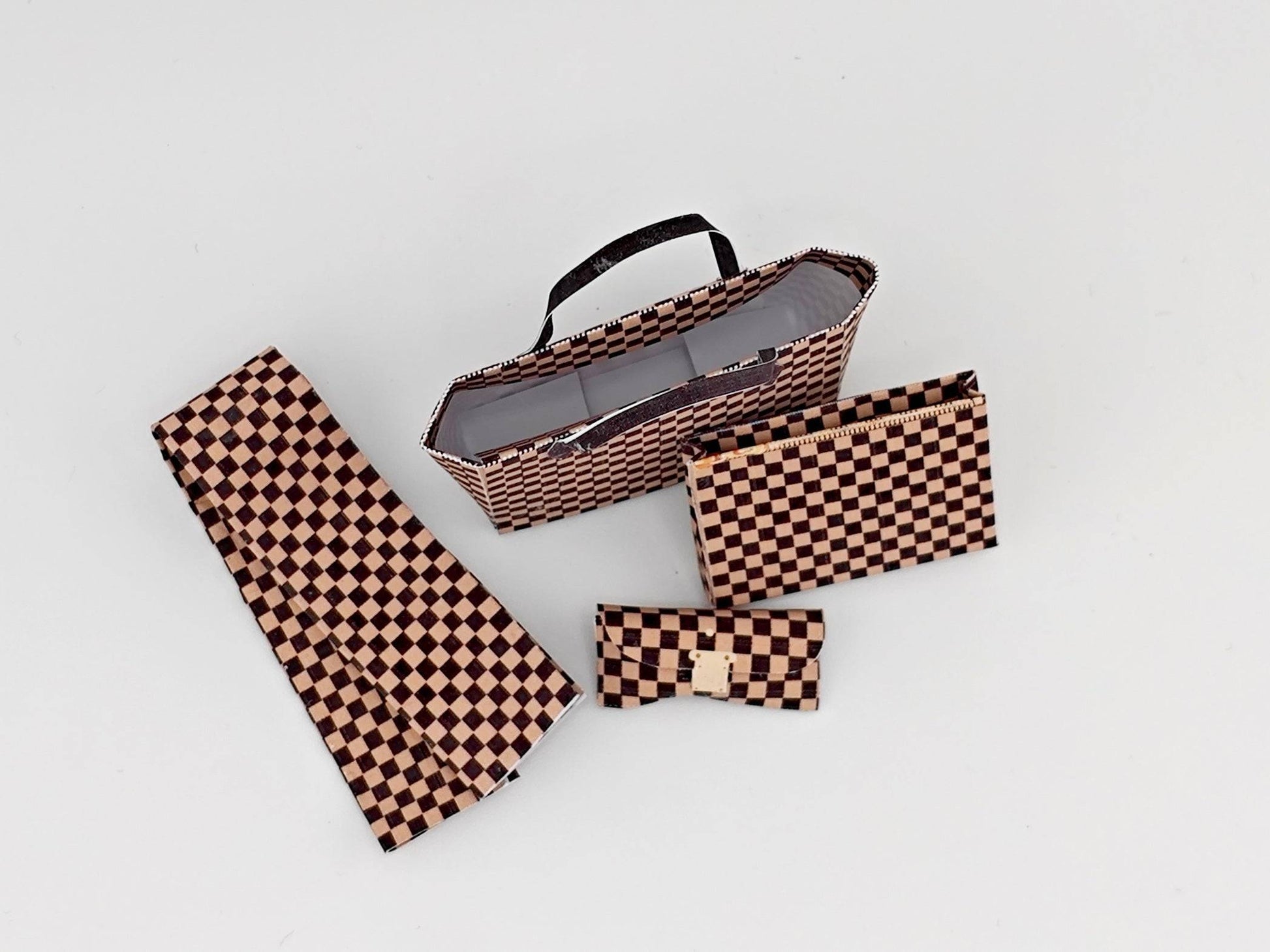 1:6 Luxury brown checker board pattern tote, purse and scarf for dollhouse and department store, 4 styles, luxury house decorations