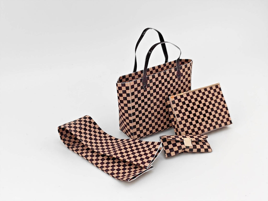 1:6 Luxury brown checker board pattern tote, purse and scarf for dollhouse and department store, 4 styles, luxury house decorations