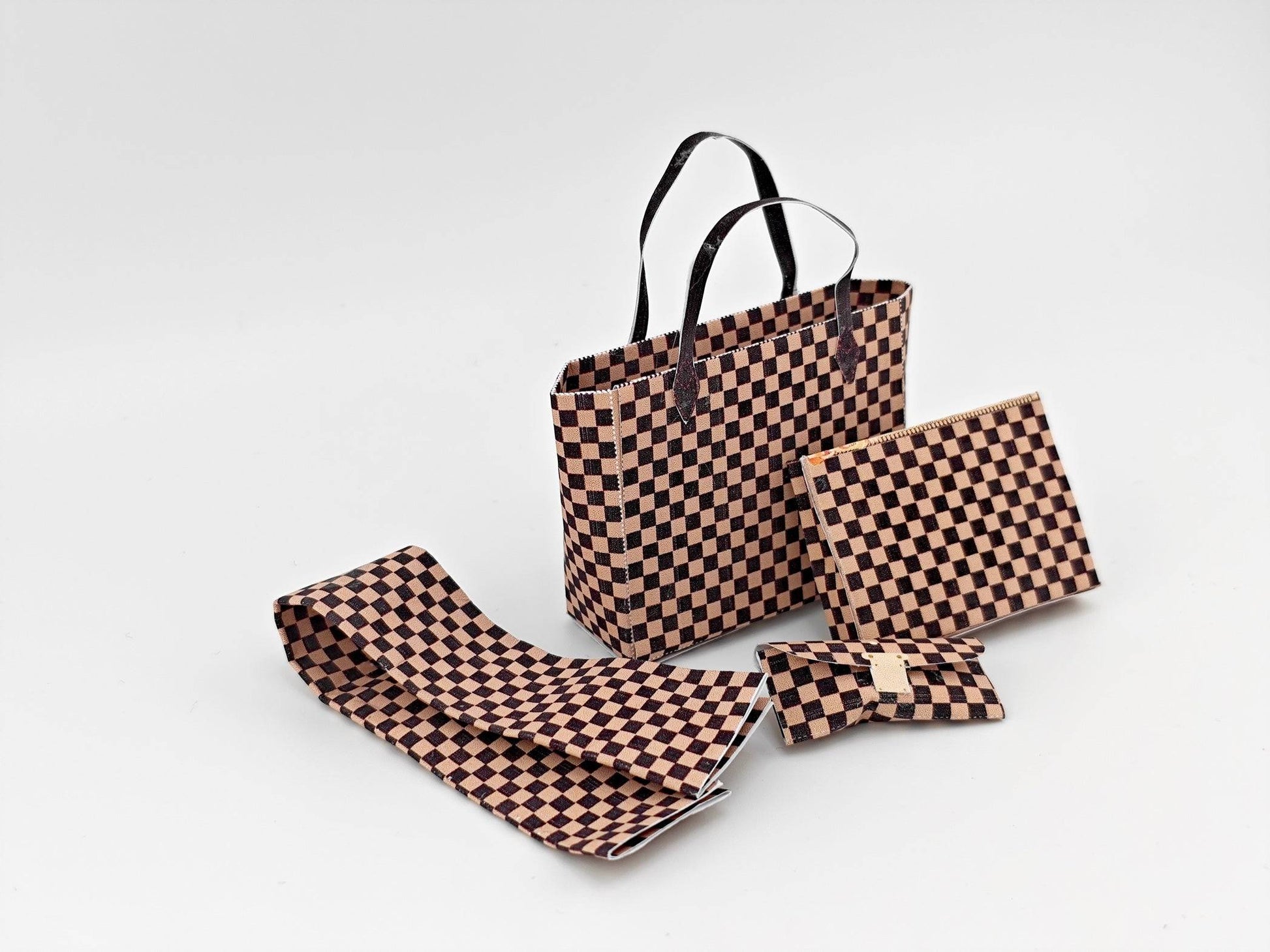 1:6 Luxury brown checker board pattern tote, purse and scarf for dollhouse and department store, 4 styles, luxury house decorations
