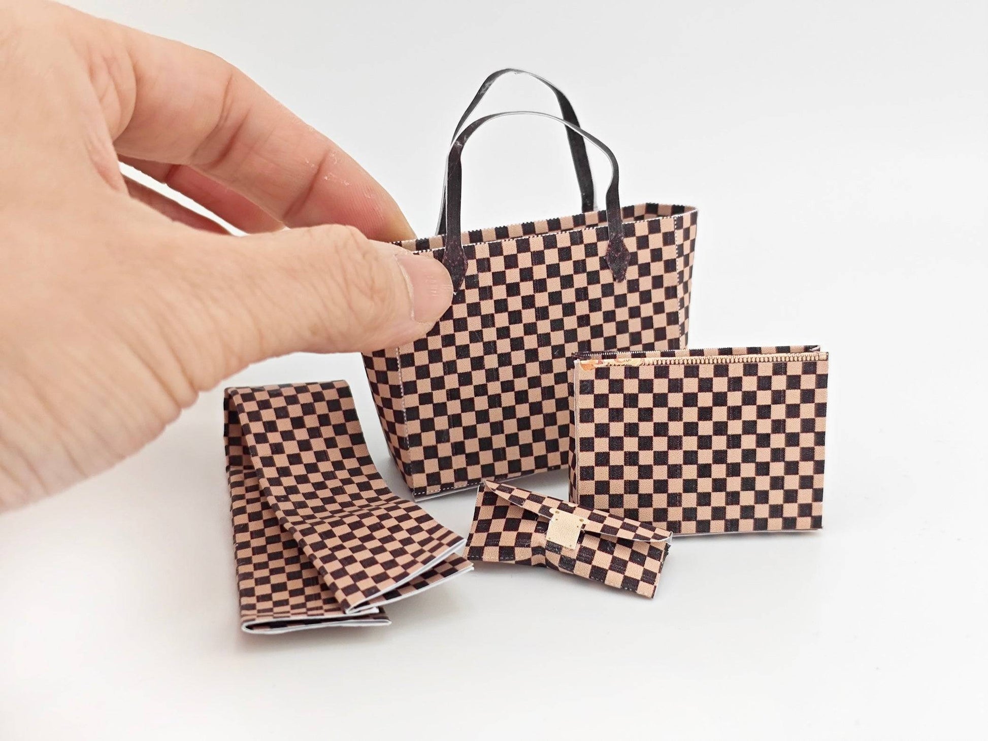 1:6 luxury brown checker board pattern tote, purse, scarf, and box set for dollhouse or department store display. Miniature fashion accessories for dolls.
