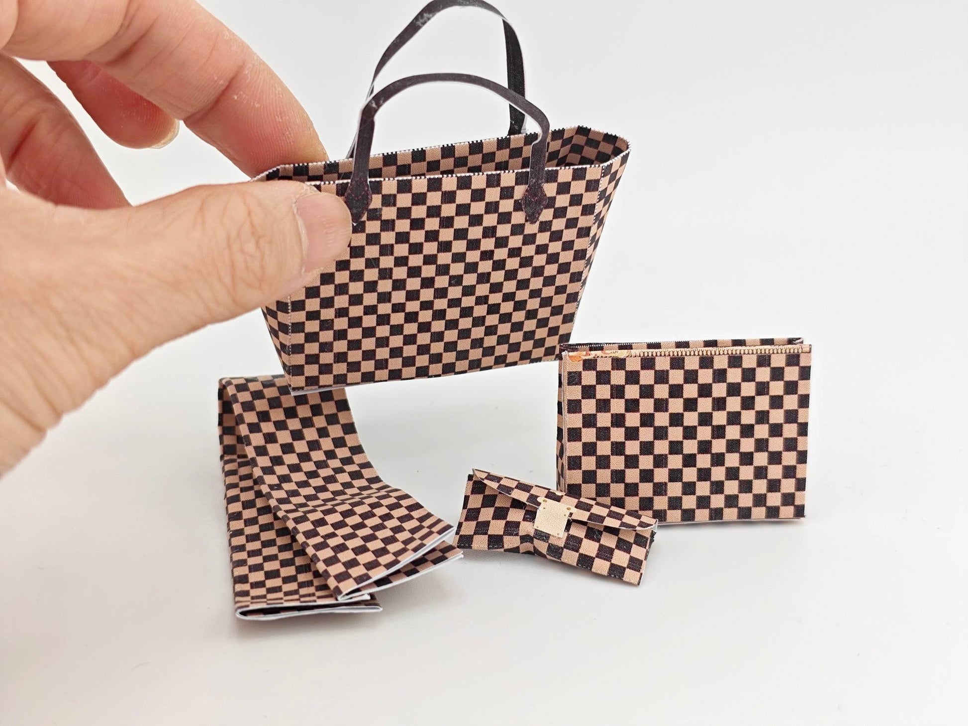 1:6 Luxury brown checker board pattern tote, purse and scarf for dollhouse and department store, 4 styles, luxury house decorations