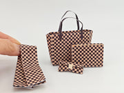 1:6 luxury brown checker board pattern tote, purse, scarf, and box set for dollhouse or department store display. Ideal for fashion-themed miniatures.