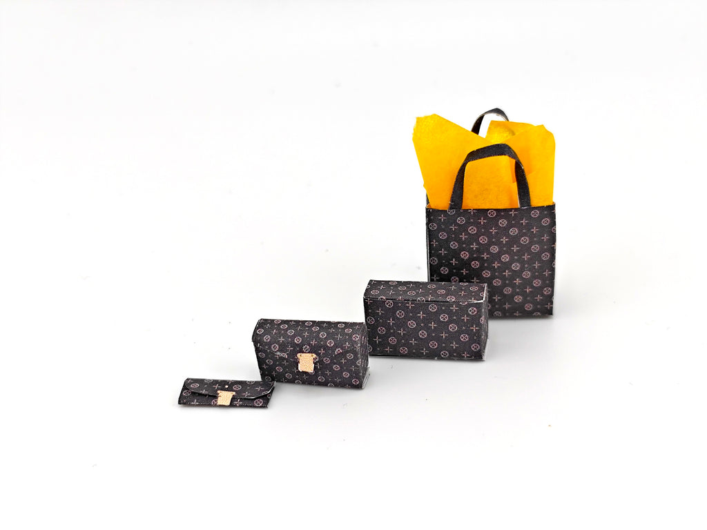 1:12 Luxury brands bags, purse and boxes for dollhouse and department store, 5 items miniatures, luxury house decorations