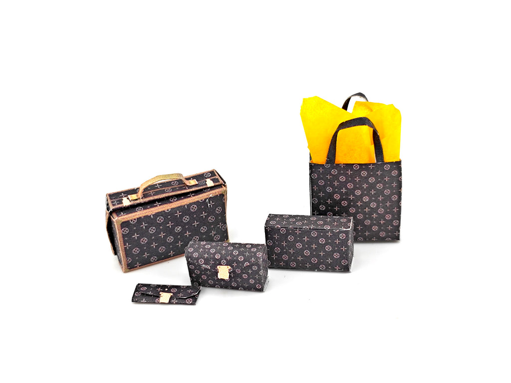 1:12 Luxury brands bags, purse and boxes for dollhouse and department store, 5 items miniatures, luxury house decorations