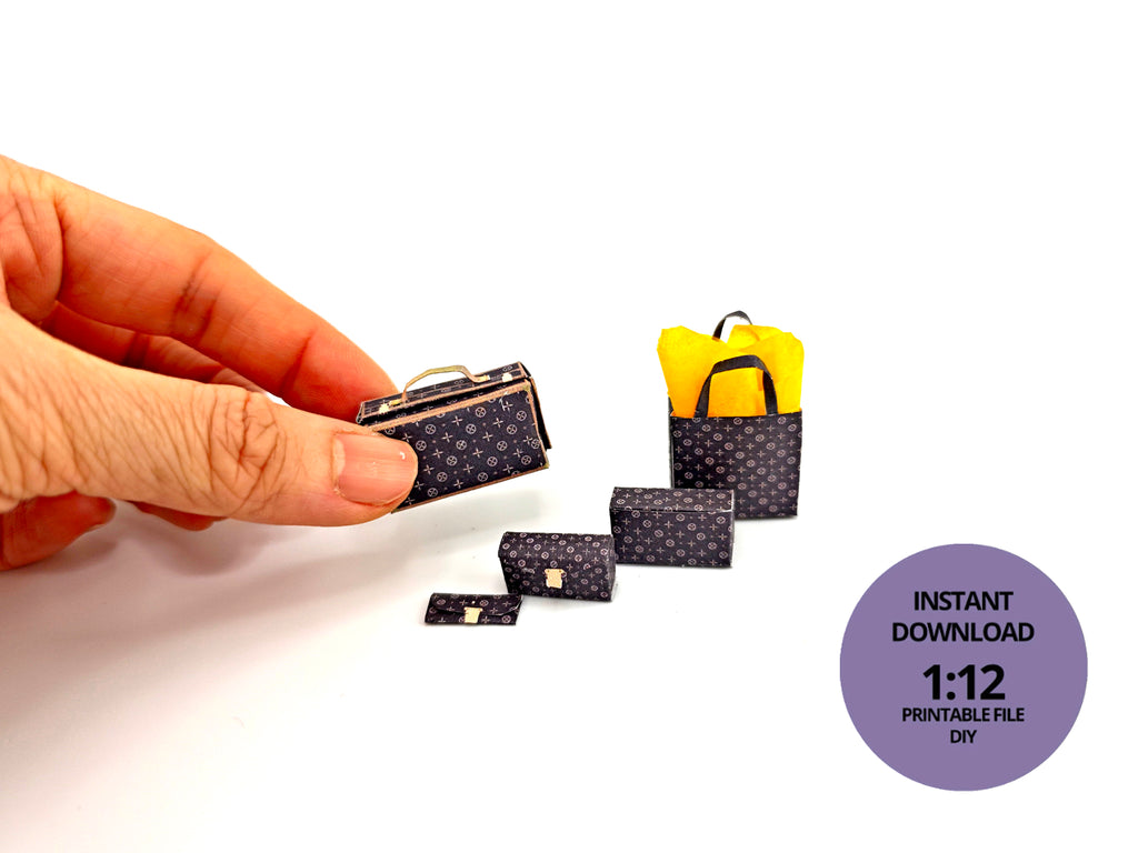 1:12 Luxury brands bags, purse and boxes for dollhouse and department store, 5 items miniatures, luxury house decorations