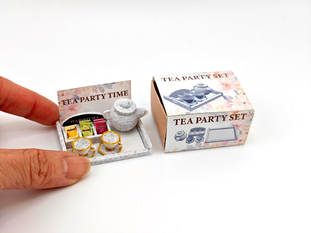 1:12 5 items Tea Party Set and box, mini tea pot, tea box display. tea bags, cups and plates and Tea Party Tray, 3D printing STL