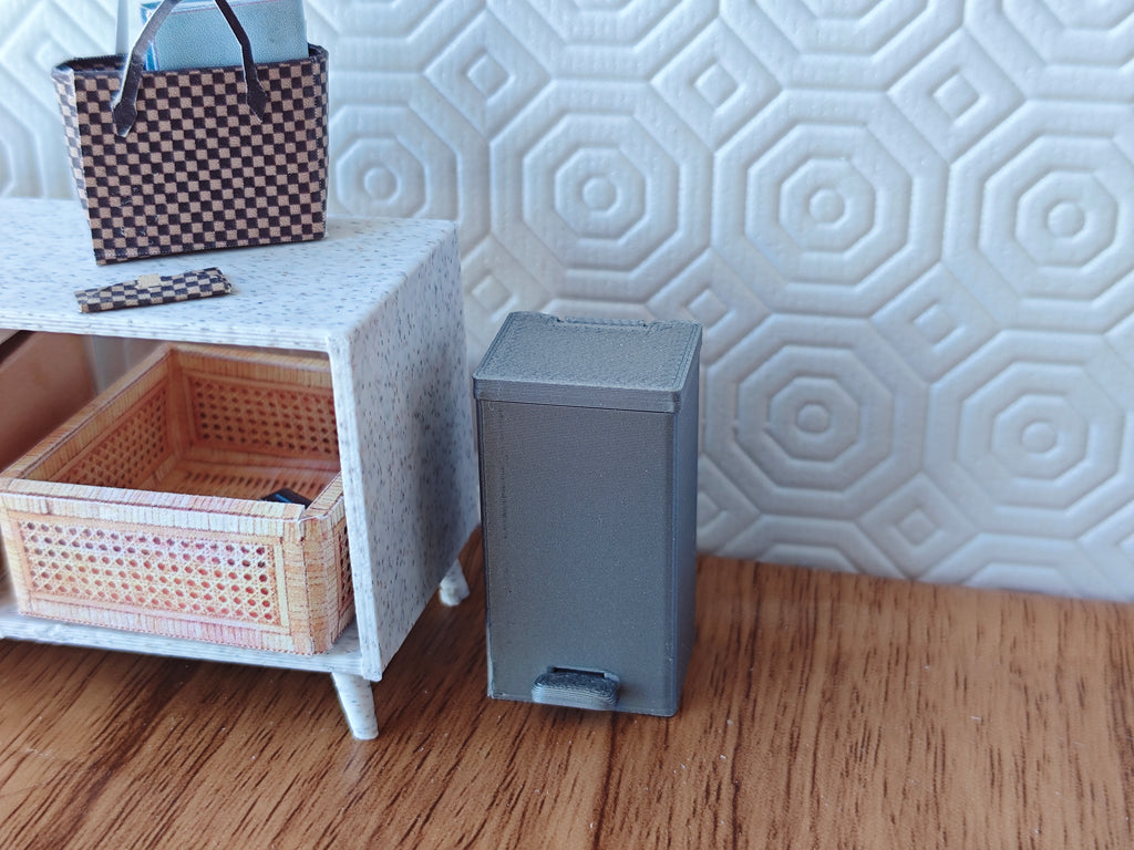 1:12 scale miniature trash can model, perfect for dollhouses, dioramas, or miniature scenes such as a kitchen or living room. The model replicates a modern, dual-compartment trash can with capacities of 30L and 15L in real-world scale (scaled down proportionally to 1:12), featuring a functional pedal mechanism for hands-free operation. 