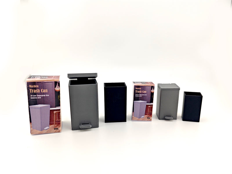1:12 scale miniature trash can model, perfect for dollhouses, dioramas, or miniature scenes such as a kitchen or living room. The model replicates a modern, dual-compartment trash can with capacities of 30L and 15L in real-world scale (scaled down proportionally to 1:12), featuring a functional pedal mechanism for hands-free operation. 