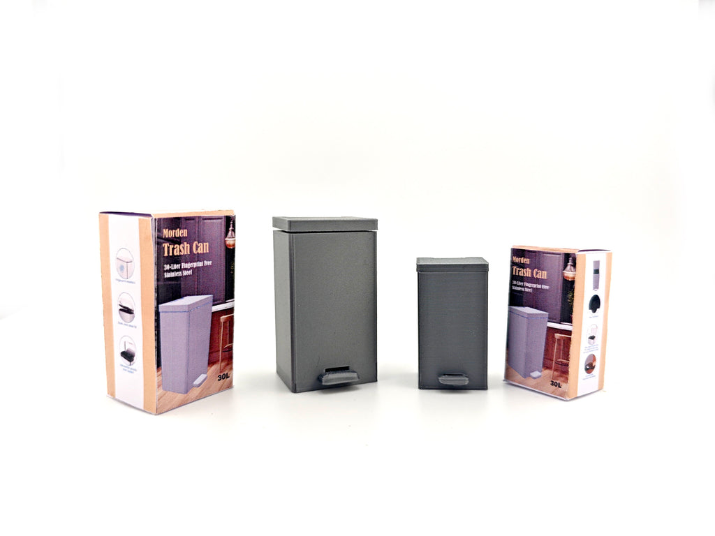 1:12 scale miniature trash can model, perfect for dollhouses, dioramas, or miniature scenes such as a kitchen or living room. The model replicates a modern, dual-compartment trash can with capacities of 30L and 15L in real-world scale (scaled down proportionally to 1:12), featuring a functional pedal mechanism for hands-free operation. 