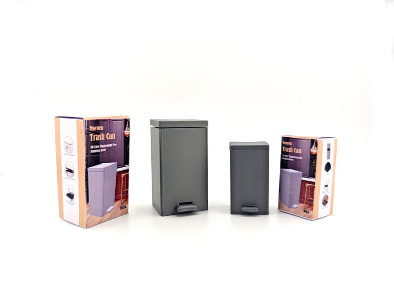 1:12 scale miniature trash can model, perfect for dollhouses, dioramas, or miniature scenes such as a kitchen or living room. The model replicates a modern, dual-compartment trash can with capacities of 30L and 15L in real-world scale (scaled down proportionally to 1:12), featuring a functional pedal mechanism for hands-free operation. 