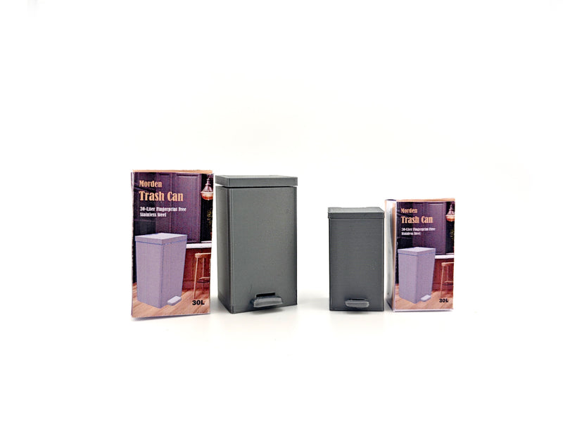 1:12 scale miniature trash can model, perfect for dollhouses, dioramas, or miniature scenes such as a kitchen or living room. The model replicates a modern, dual-compartment trash can with capacities of 30L and 15L in real-world scale (scaled down proportionally to 1:12), featuring a functional pedal mechanism for hands-free operation. 